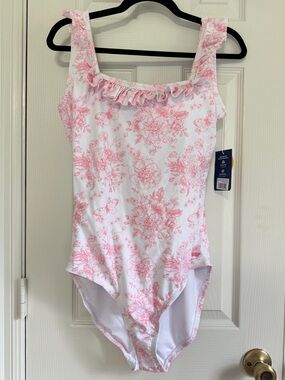 RuffleButts Women’s One Piece Swimsuit L White Pink Floral Toile Ruffle NWT
